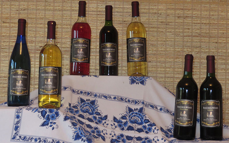 7 different flavored bottles of Bacchus Wine displayed on a white and blue tablecloth